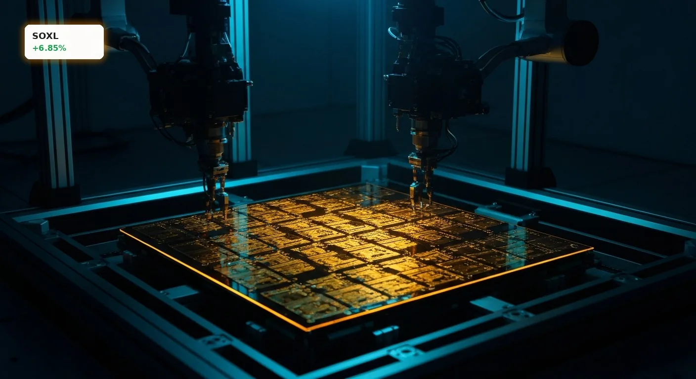 SOXL Analyse nach +6,9% Rallye: Wie gefährlich ist der Hebel-ETF? 4 SOXL Analyse: Silizium-Wafer in einer modernen Halbleiter-Fertigungshalle mit blauen Lichteffekten.