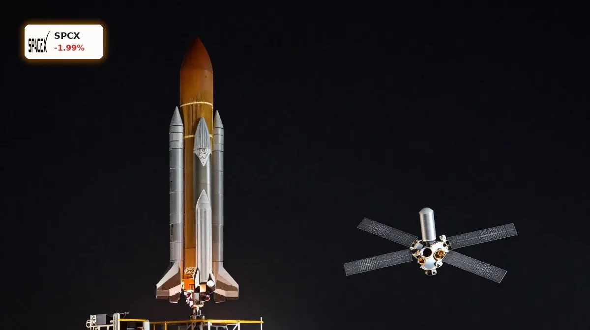 SpaceX Nasdaq-100 mit Starship-Rakete und Starlink-Satelliten vor dunklem Hintergrund