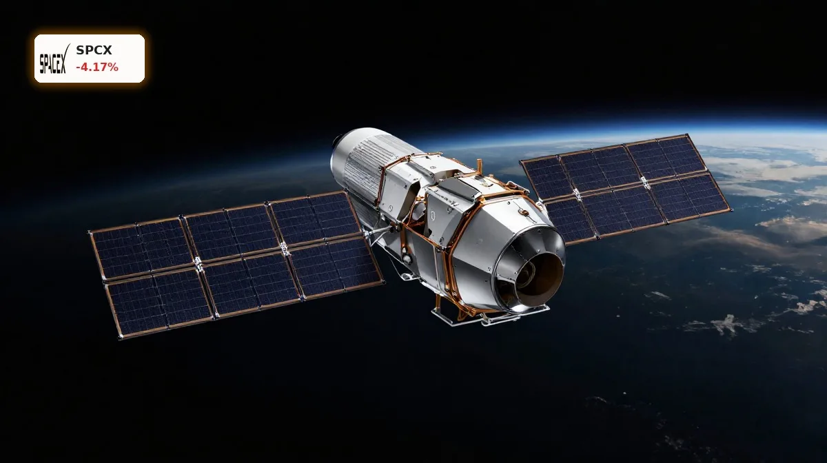 SpaceX Wochenrueckblick mit 4.2% Einbruch trotz Nasdaq-100 3 SpaceX Wochenrueckblick mit Starlink-Satellit im Fokus vor dunklem Weltraumhintergrund