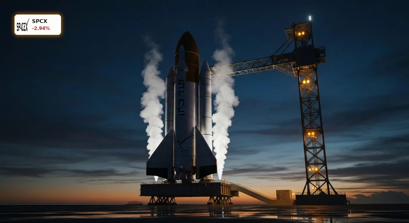 SpaceX Börsengang mit -2,9% Dämpfer: Droht jetzt der große Crash? 3 Starship-Rakete auf Startrampe bei Nacht nach dem turbulenten SpaceX Börsengang.
