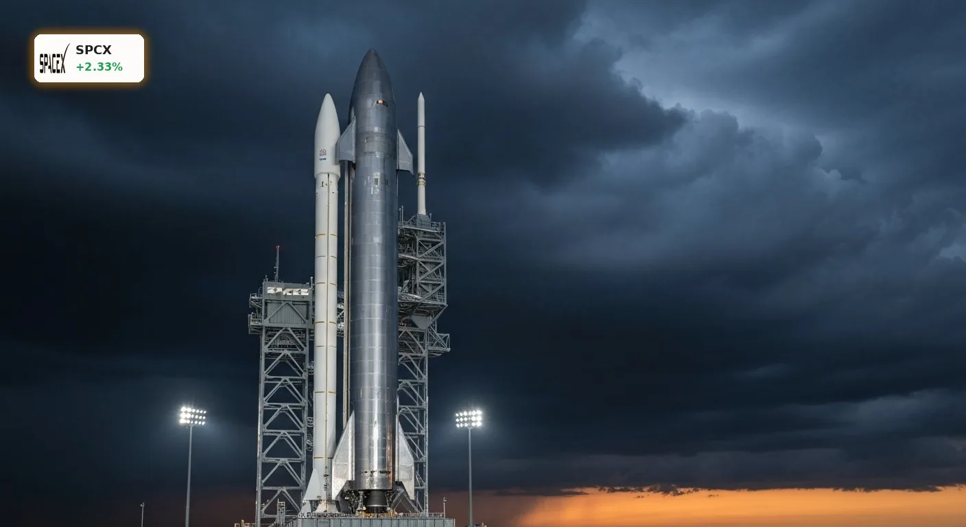 Eine SpaceX Starship-Rakete auf der Startrampe vor Gewitterwolken symbolisiert den aktuellen SpaceX Kursverfall.