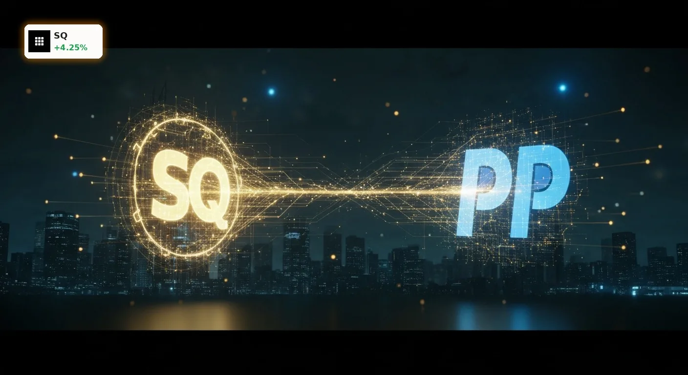 Holografische Logos von Block und PayPal verschmelzen in einer digitalen Finanzwelt bei einem Milliarden-Deal.
