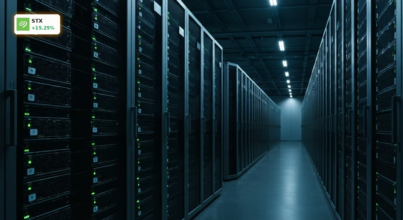 Modernes Rechenzentrum mit leuchtenden Server-Racks, symbolisiert das starke Seagate Quartal durch KI-Wachstum.