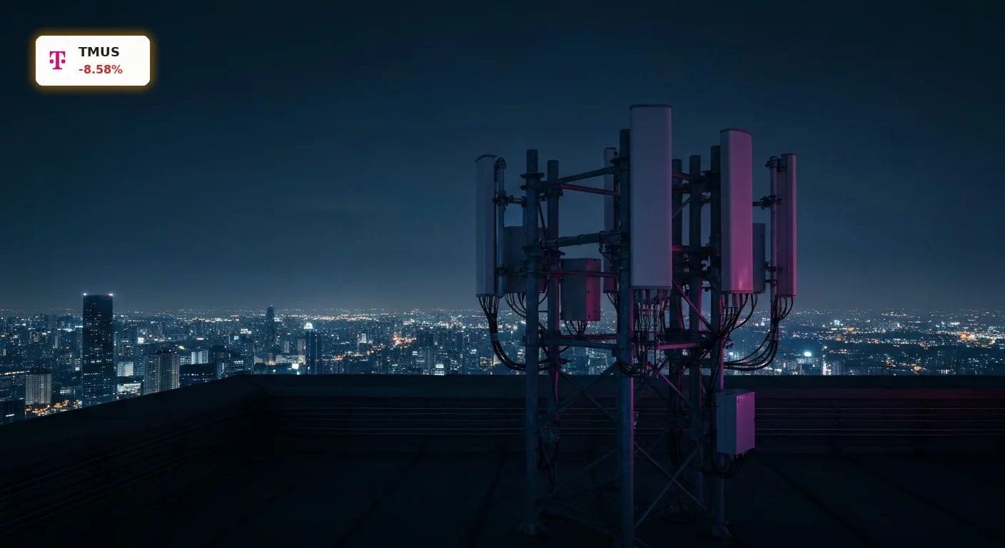 T-Mobile US Quartal enttäuscht mit -8%: Schock bei Kundenzahlen 4 Moderne 5G-Mobilfunkmasten vor einer nächtlichen Skyline passend zum T-Mobile US Quartal.