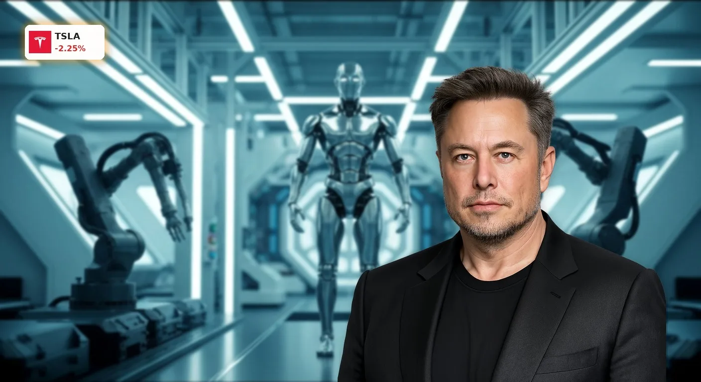 Tesla Optimus: Produktionswende schockt Aktie mit -2,3% 6 Humanoider Roboter Tesla Optimus in einer hochmodernen, automatisierten Fabrikhalle bei der Montage.