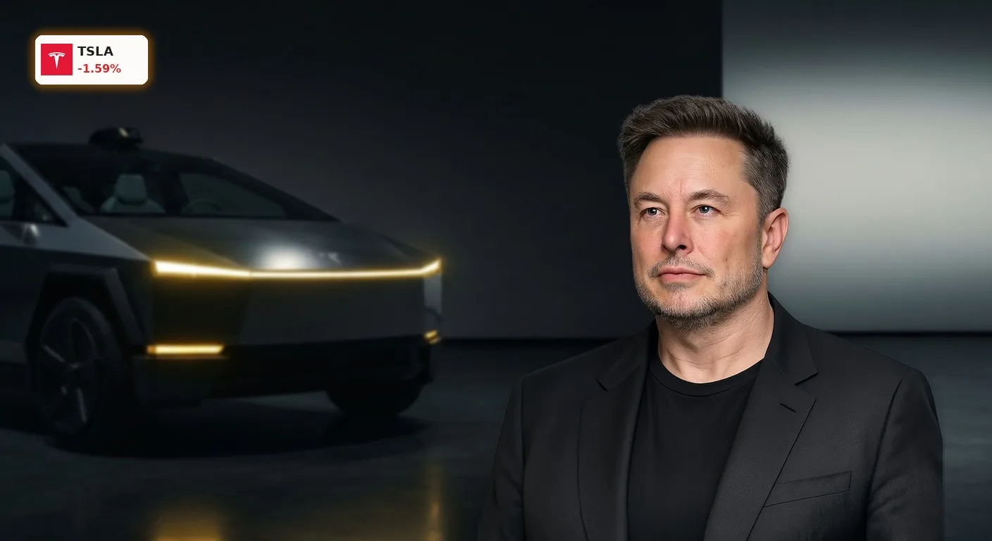 Ein futuristisches Tesla-Fahrzeug in einem dunklen Studio nach der Veröffentlichung der Tesla Quartalszahlen.