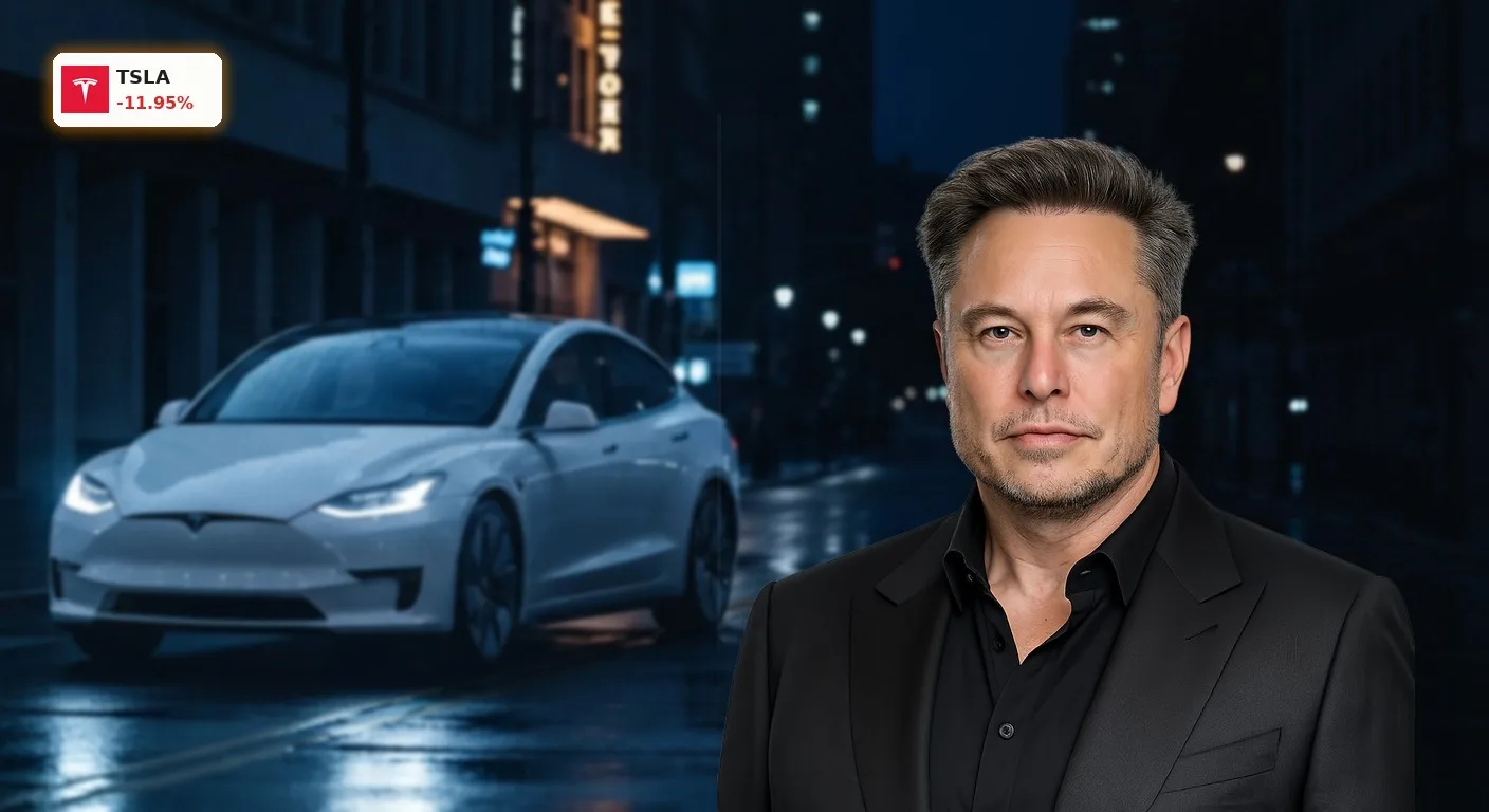 Tesla Quartalszahlen schockieren mit -12%: Margen brechen ein 8 Ein autonom fahrendes Tesla-Modell auf nasser Straße bei Nacht nach Bekanntgabe der schwachen Tesla Quartalszahlen.