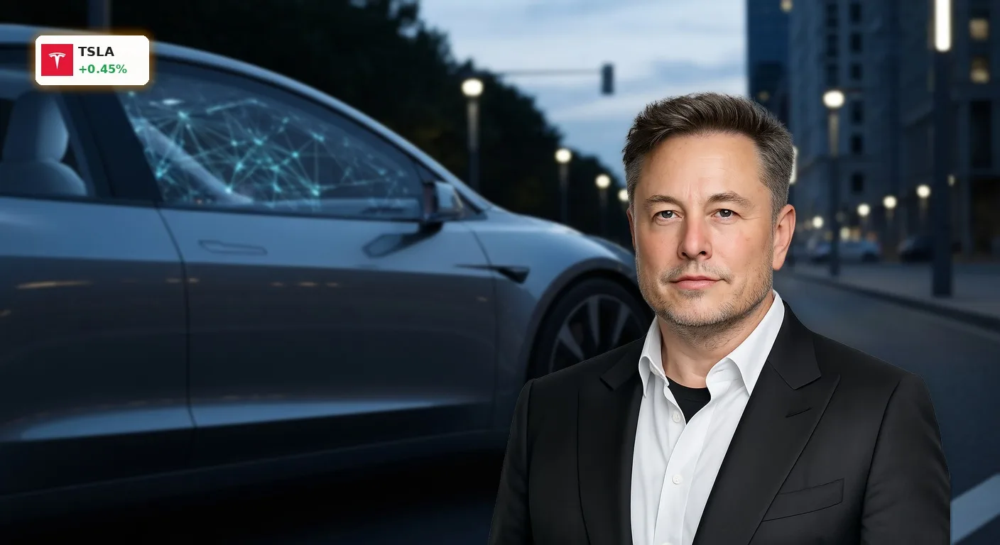 Autonom fahrendes Tesla-Elektrofahrzeug auf einer modernen Stadtstraße bei Nacht, Symbol für Tesla Quartalszahlen und KI-Investitionen.