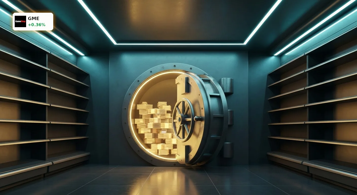 Ein futuristischer, leerer Gaming-Store mit einem glühenden Tresor voller Geldmetapher für die GameStop Aktie.