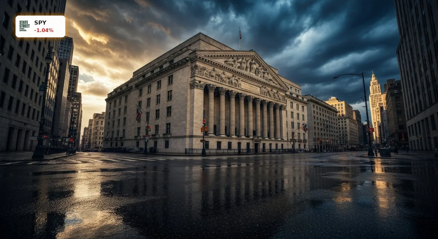 SPY Aktie unter 743 Dollar: Droht dem S&P 500 jetzt der Crash? 3 Dramatische Sturmwolken über der Wall Street symbolisieren das Risiko für die SPY Aktie am US-Aktienmarkt.