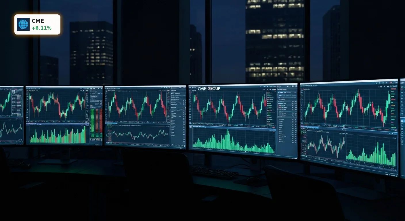 CME Group Aktie steigt um 6%: Volatilität treibt die Rallye an 3 CME Group Aktie profitiert von Volatilität: Moderner Trading-Desk mit leuchtenden Finanzcharts im dunklen Handelsraum.