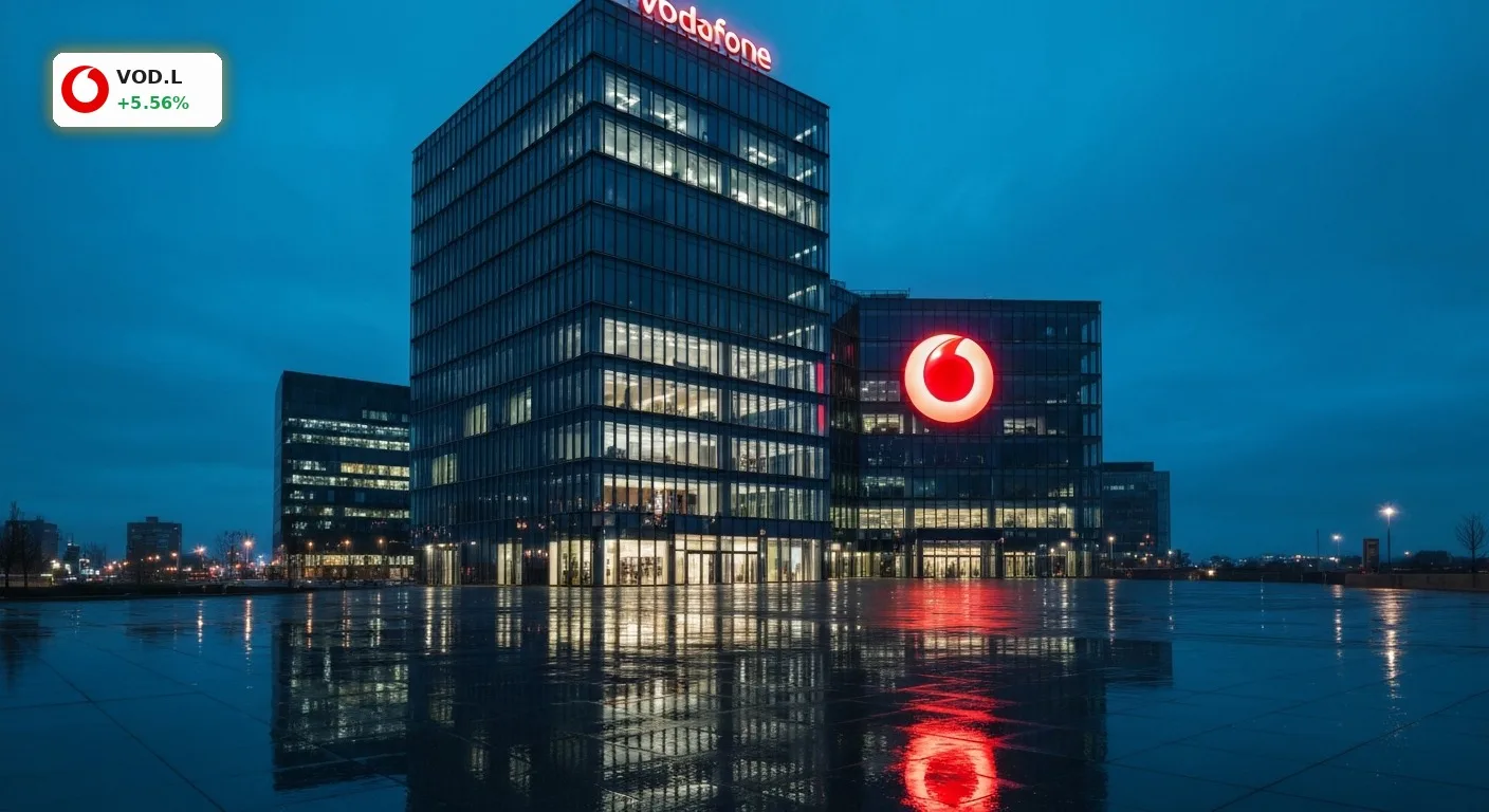 Modernes Vodafone Gebäude bei Dämmerung mit leuchtendem Logo – Aufschwung für die Vodafone Aktie nach Quartalszahlen.