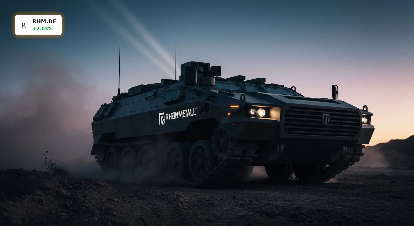 Rheinmetall Aktie steigt weiter: Hochmodernes Militärfahrzeug im Einsatz symbolisiert den Rüstungsboom.