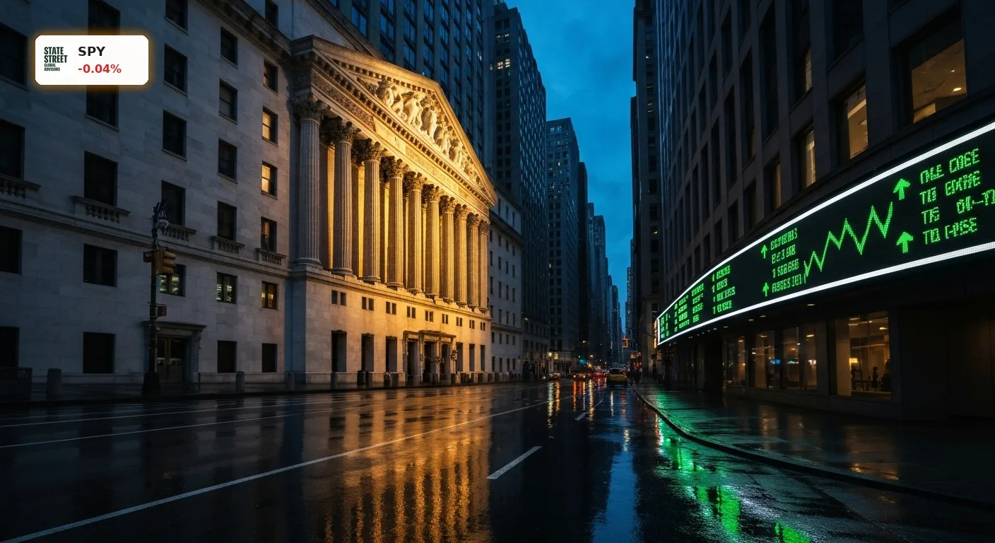 New York Stock Exchange bei Dämmerung als Symbol für die SPY Aktie und den S&P 500 Index.