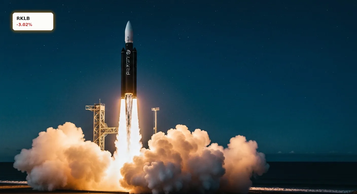 Rocket Lab Aktie im Fokus vor dem Start der neuen Neutron-Rakete auf der Startrampe bei Nacht.