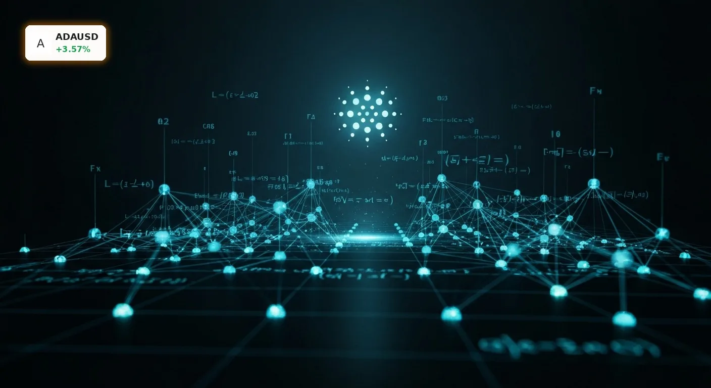 Cardano Aktie Kursentwicklung mit einem glühenden Blockchain-Netzwerk und dem ADA-Symbol im Hintergrund.