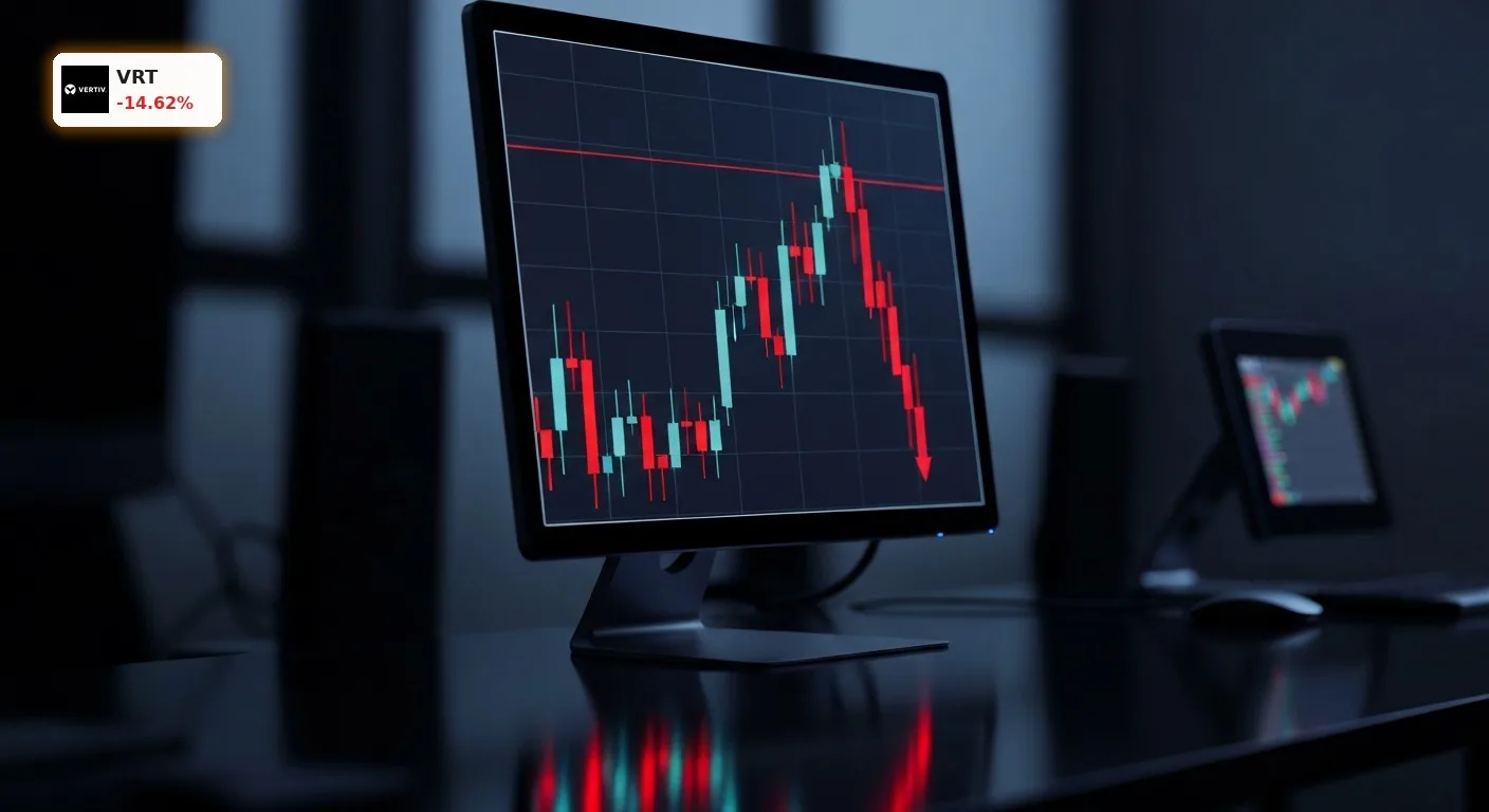 Ein fallender Candlestick-Chart mit rotem Leuchten symbolisiert den Kurssturz der Vertiv Aktie nach den Quartalszahlen.