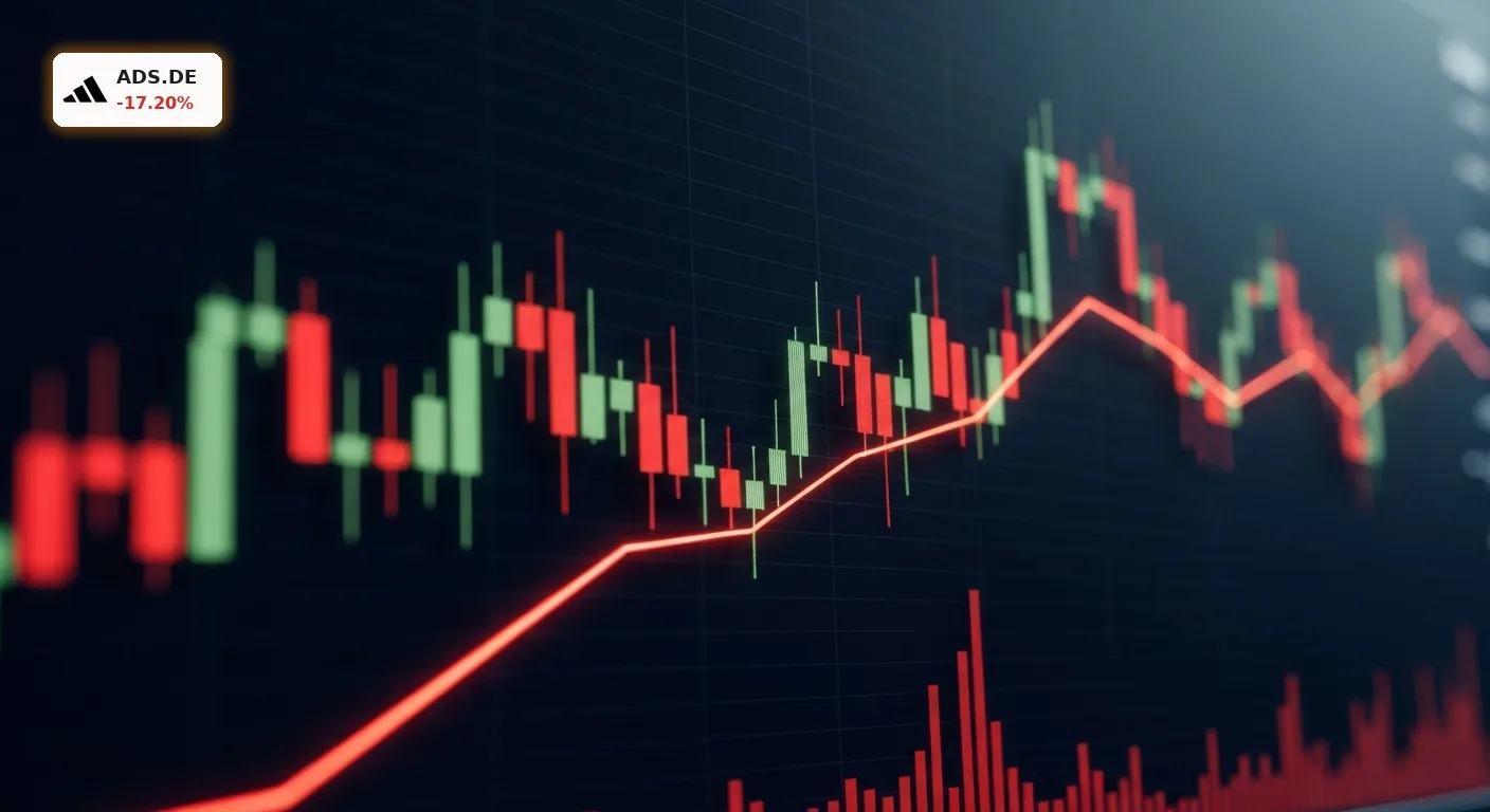Signifikanter Kurssturz auf einem roten Candlestick-Chart, der die fallende Adidas Aktie symbolisiert.