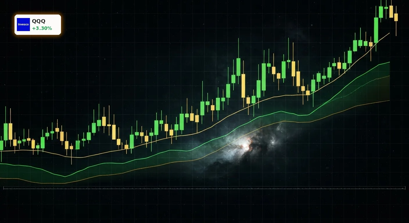 Grün und türkis leuchtender Candlestick-Chart mit deutlichem Aufwärtstrend, der die positive QQQ Aktie Performance symbolisiert.