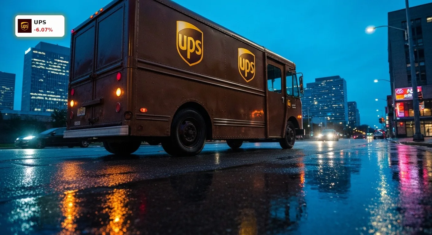 UPS Zustellfahrzeug bei Dämmerung auf einer Straße nach der Bekanntgabe der UPS Quartalszahlen.
