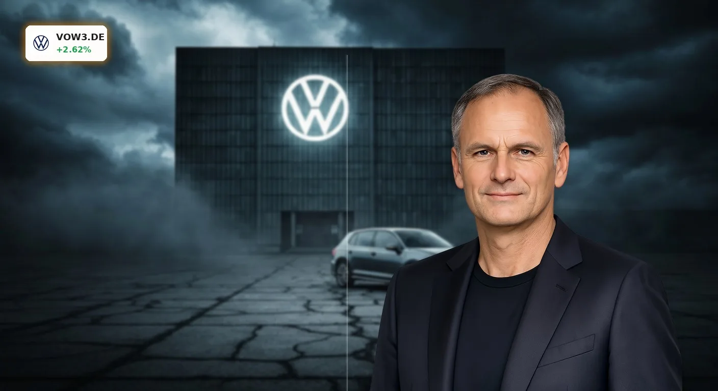 Volkswagen Krise verschärft sich: China-Absatz bricht um 36% ein 5 Dunkle Wolken über einem Auto vor der Konzernzentrale symbolisieren die schwere Volkswagen Krise.