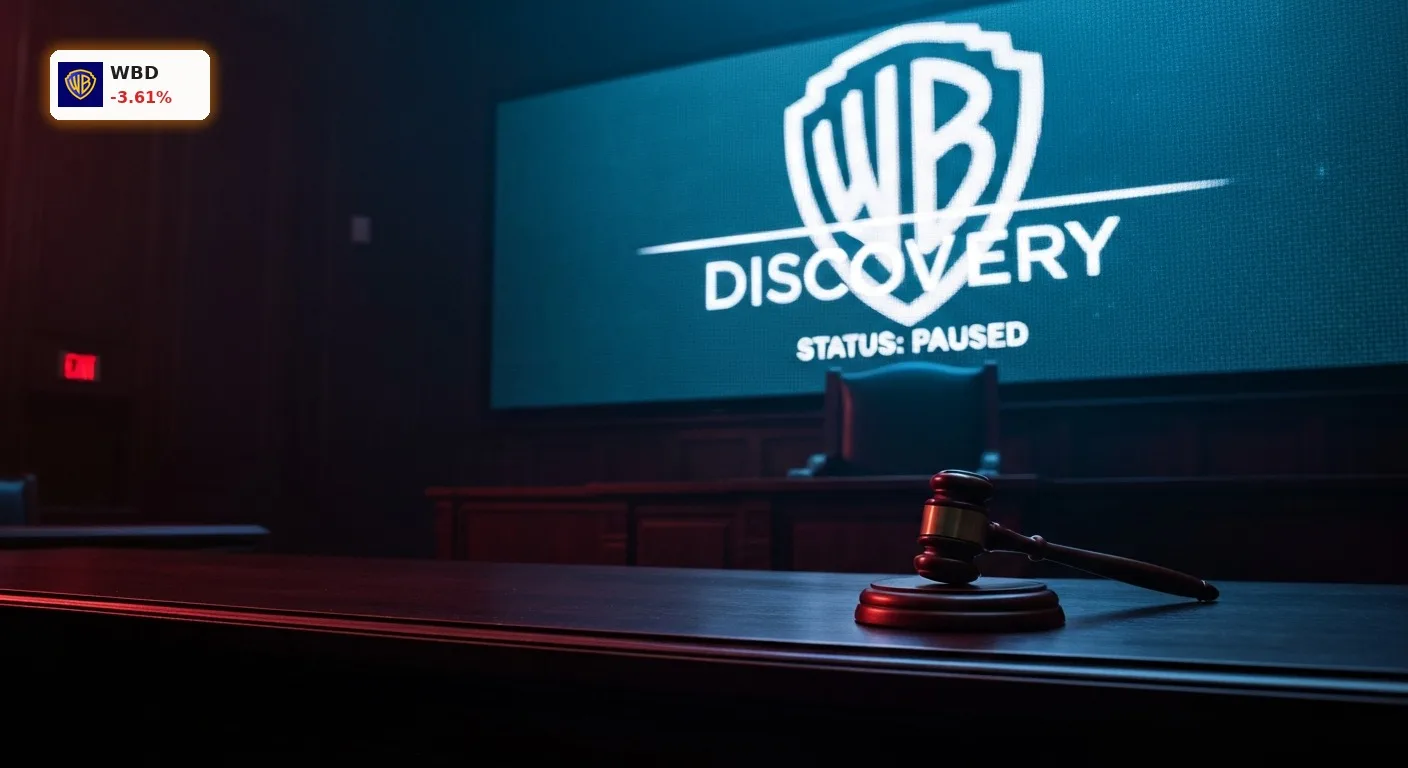 Warner Bros. Discovery Übernahme blockiert: Aktie -3.6% nach Schock 3 Gerichtshammer vor einem Bildschirm mit dem Warner Bros. Discovery Logo zur blockierten Warner Bros. Discovery Uebernahme.