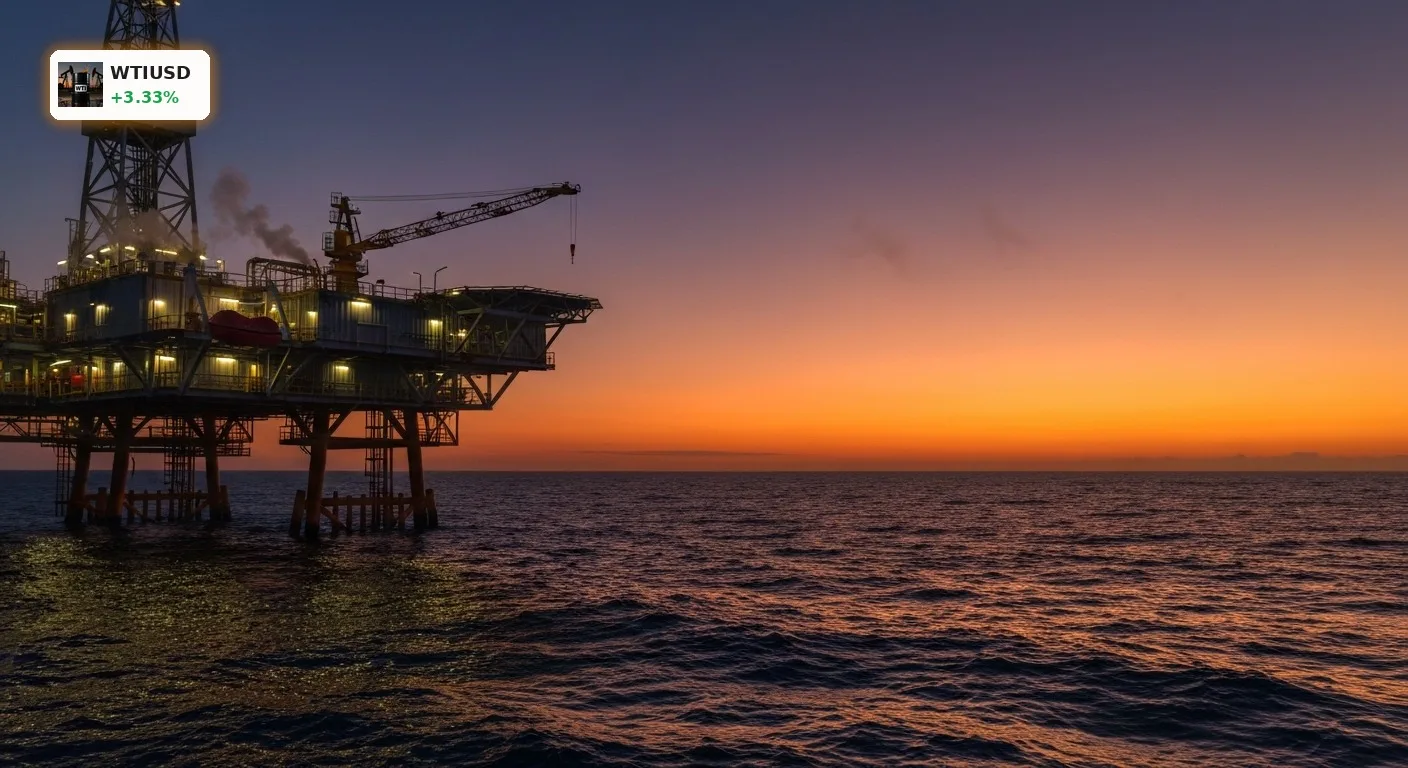 WTI Ölpreis steigt um 3,3%: OPEC-Entscheidung loest Rallye aus 3 Moderne Bohrinsel auf dem Meer bei Dämmerung zur Entwicklung beim WTI Oelpreis