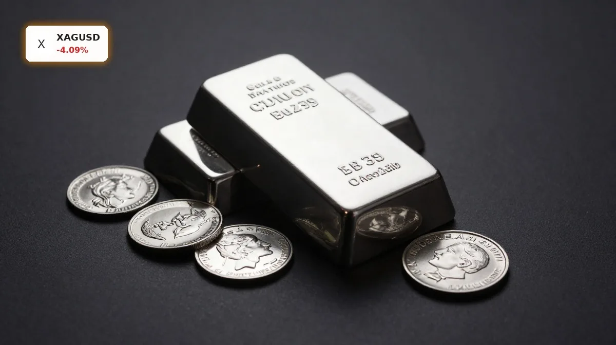 XAGUSD Silberanalyse mit Silberbarren und Münzen als Symbol für den Rücksetzer an der 55er-Unterstützung