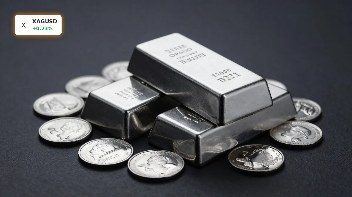 XAGUSD Silberanalyse mit Silberbarren und Münzen in dunkler Inszenierung, bärische Marktstimmung im Fokus