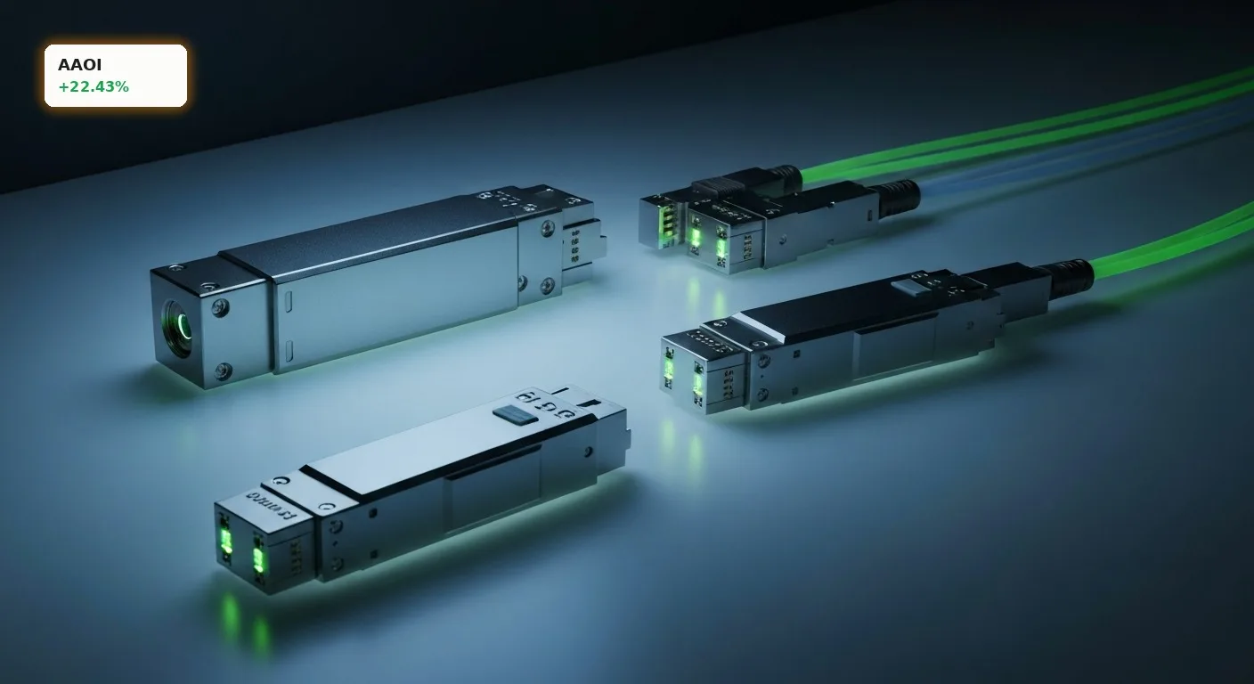 Nahaufnahme von optischen Transceivern und Glasfaserkabeln, die die gestiegene Applied Optoelectronics Nachfrage symbolisieren.