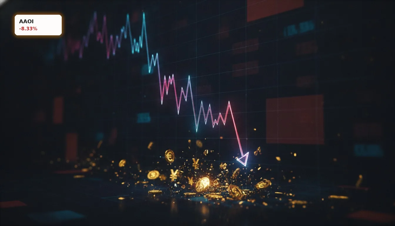 Applied Optölectronics Kapitalerhöhung: -8.3% Kursrutsch nach Angebot 5 Ein stilisierter, fallender Aktienkurs-Chart mit herabfallenden Goldmünzen symbolisiert die Applied Optoelectronics Kapitalerhöhung und Kursverluste.