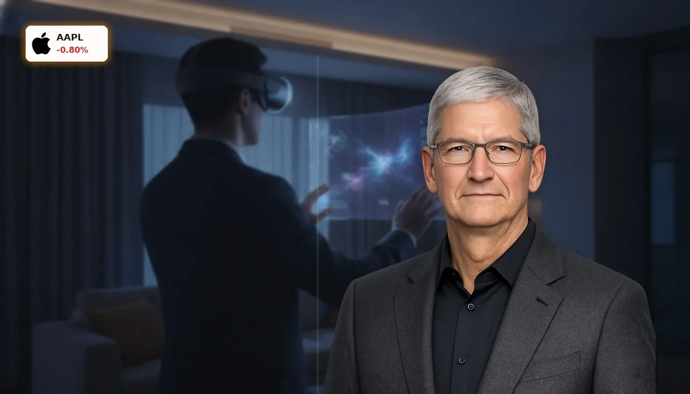 Eine Person trägt eine Apple Vision Pro in einem modernen Raum, interaktiv mit holografischen Elementen. Apple Stellenkürzungen.