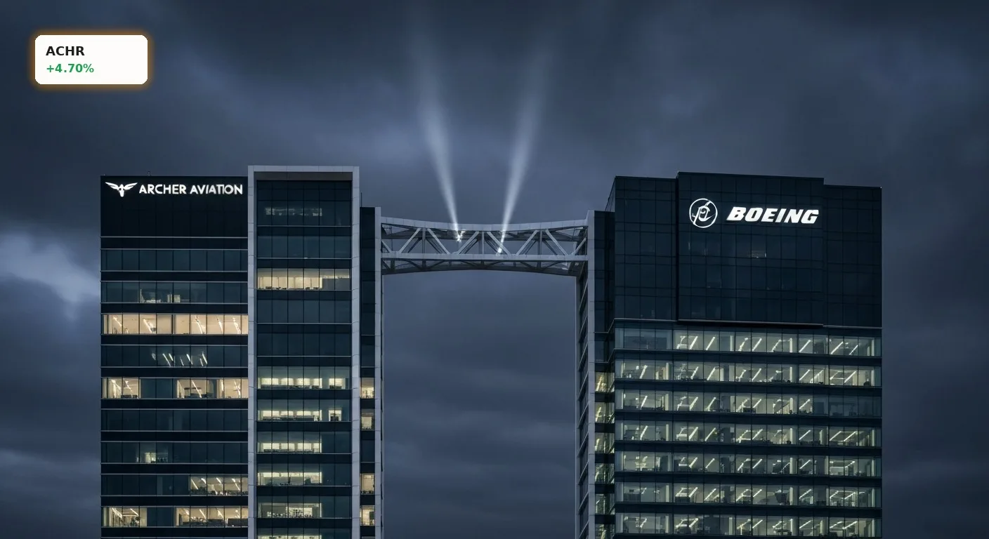 Symbolische Darstellung der Archer Boeing Partnerschaft mit zwei sich verbindenden modernen Hochhäusern vor dunklem Himmel.