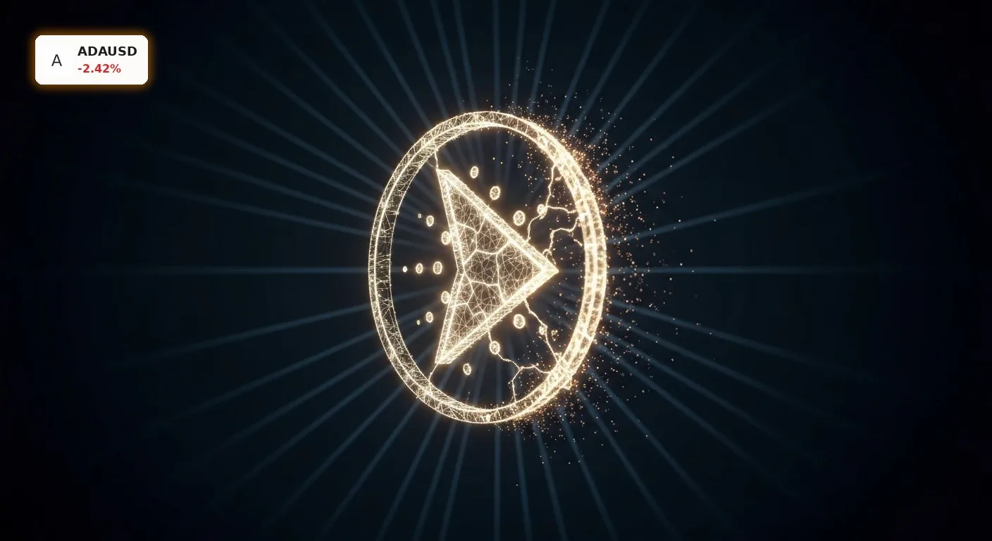 Cardano ETF-Rücknahme: -2.4% Schock nach Grayscale-Antrags-Rückzug 6 Digitales Symbol von Cardano (ADAUSD) zerbricht und löst sich auf, symbolisiert die Cardano ETF-Rücknahme.