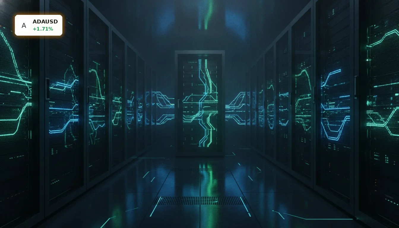Futuristisches Serverraum-Bild mit leuchtenden Datenströmen, symbolisiert die Cardano Analyse und Blockchain-Technologie.