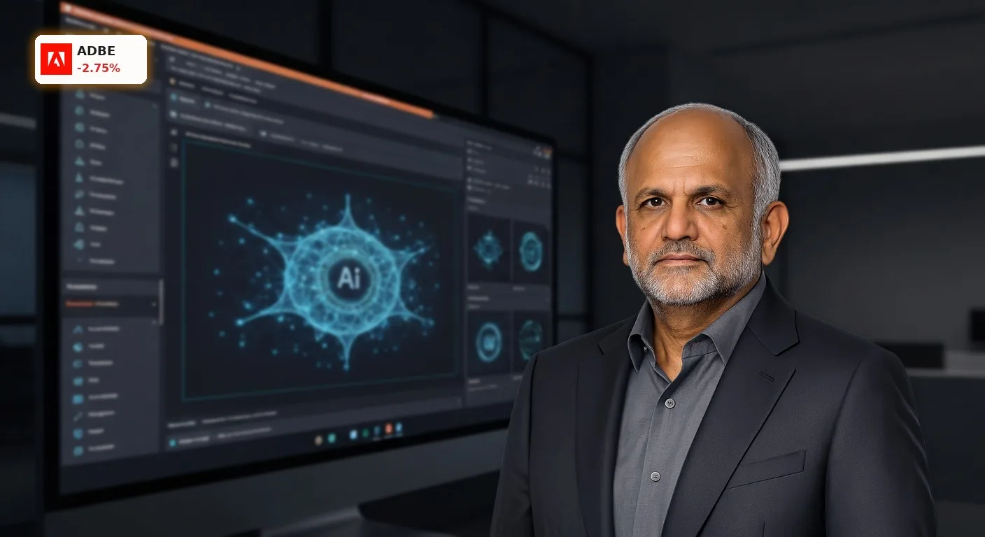 Adobe Quartal: Aktie -2.8% nach Zahlen – KI-Strategie im Fokus 3 Moderner Computerbildschirm mit einer Grafikdesign-Software, die subtile KI-generierte Elemente und neuronale Netzwerkmuster integriert. Adobe Quartal.