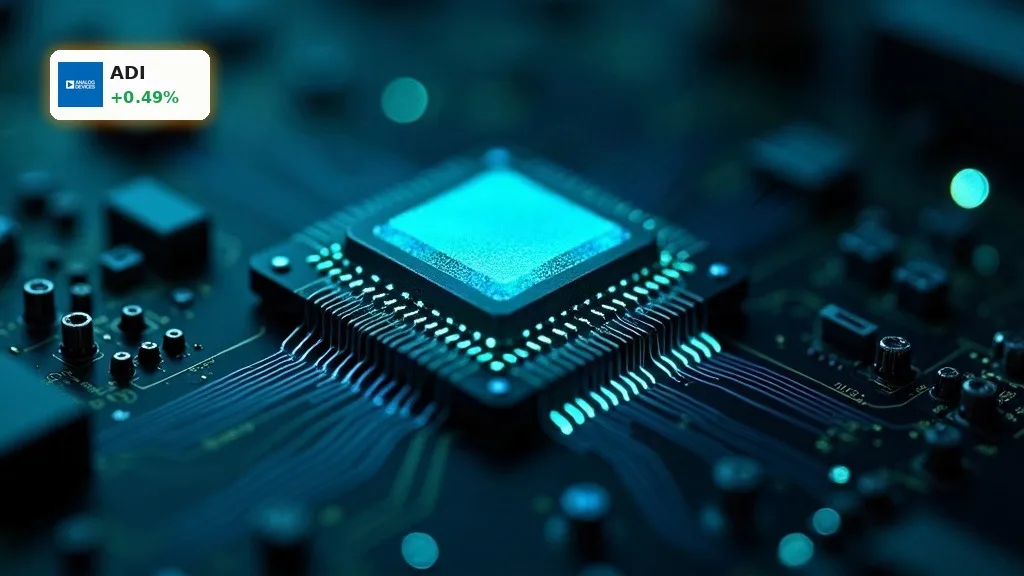 Detailaufnahme eines fortschrittlichen IVR-Chips auf einer Leiterplatte, symbolisch für die Analog Devices Uebernahme.