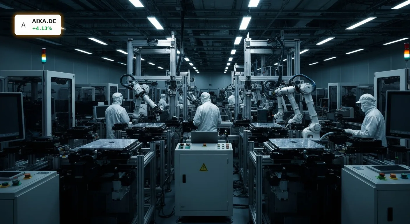 AIXTRON Beteiligung: Goldman Sachs baut Anteil um 4.1% massiv aus 5 Reinraum in einer Halbleiterfabrik, in dem Roboterarme Siliziumwafer bearbeiten, symbolisiert AIXTRON Beteiligung.