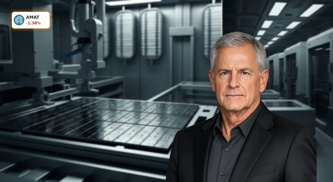 Applied Materials Quartalszahlen: Rekordumsatz trifft auf Marktschock 4 Ein hochmoderner Reinraum mit einem Roboterarm, der einen leuchtenden Silizium-Wafer handhabt, symbolisiert Applied Materials Quartalszahlen.