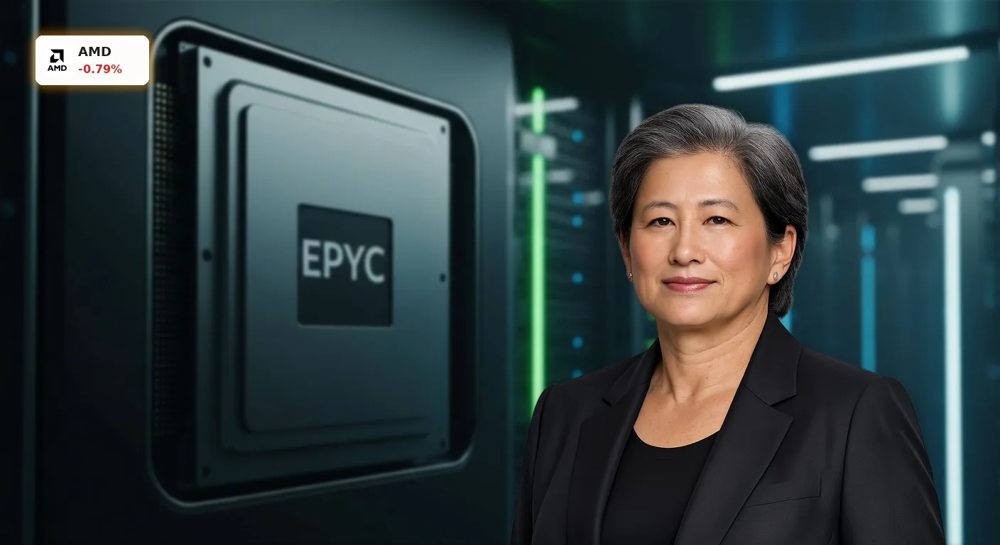 AMD Quartalszahlen: Aktie fällt trotz Rekordumsatz – Was steckt dahinter? 4 Nahaufnahme eines AMD EPYC Server-Prozessors in einem futuristischen Rechenzentrum, beleuchtet mit blauen Lichtern, symbolisiert AMD Quartalszahlen und KI-Wachstum.