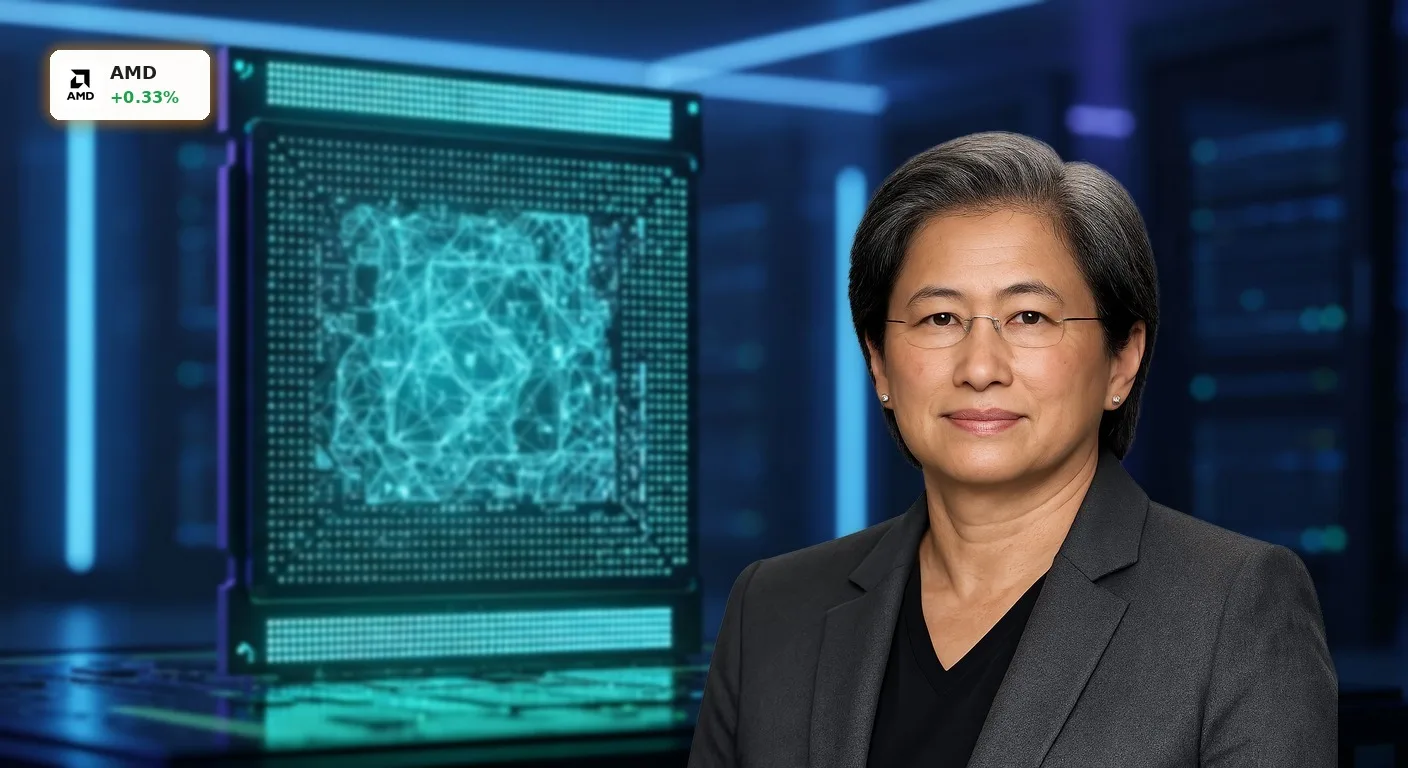 Hochleistungs-AMD-Serverprozessor mit KI-Architektur in einem Rechenzentrum, symbolisiert AMD Quartal Wachstum.