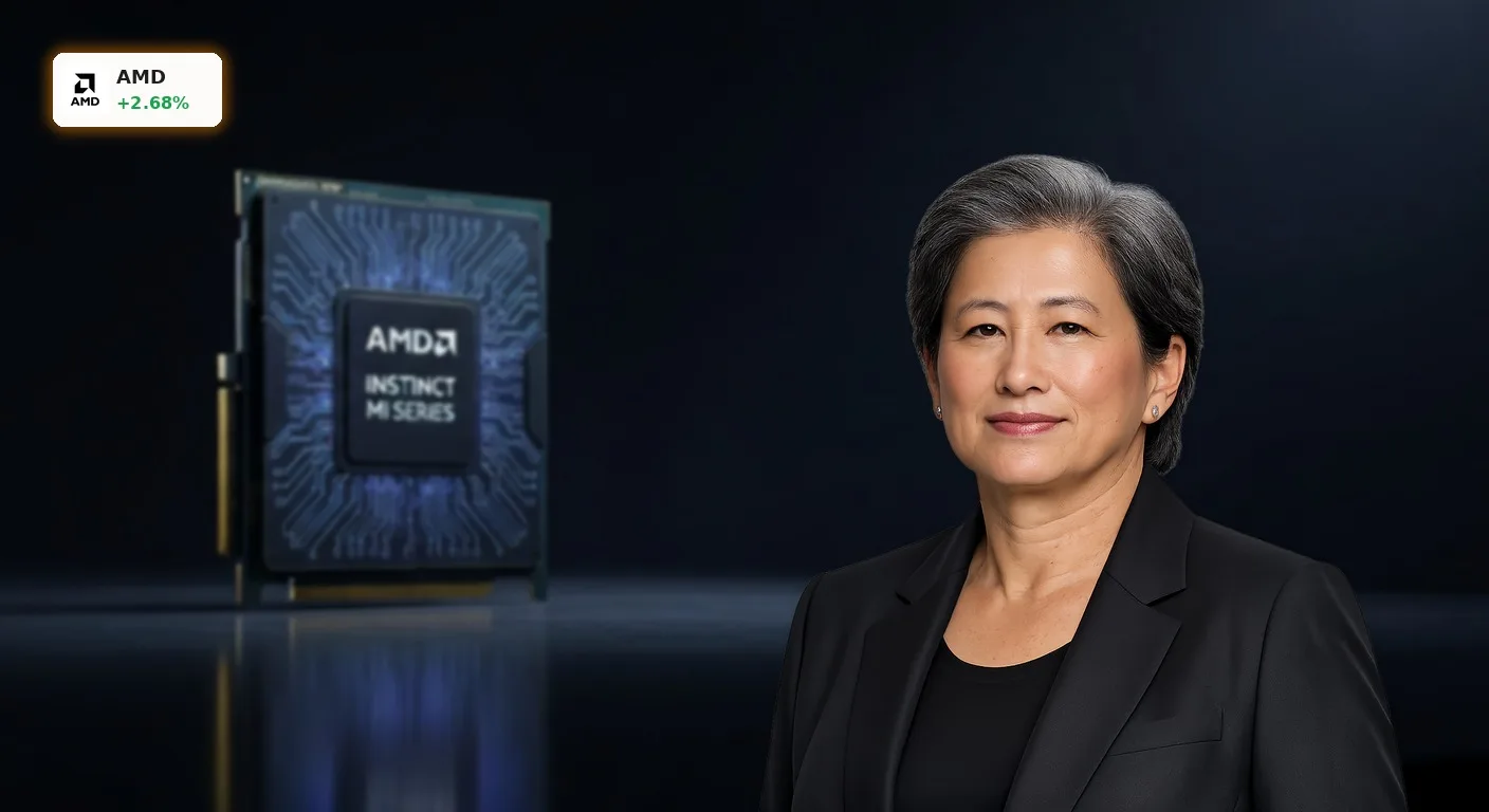 AMD Bewertung +2.7%: KI-Rallye trotz Bewertungs-Crash bei Halbleitern? 4 Nahaufnahme eines fortschrittlichen AMD Instinct MI GPU-Chips, der die hohe AMD Bewertung im KI-Sektor widerspiegelt.
