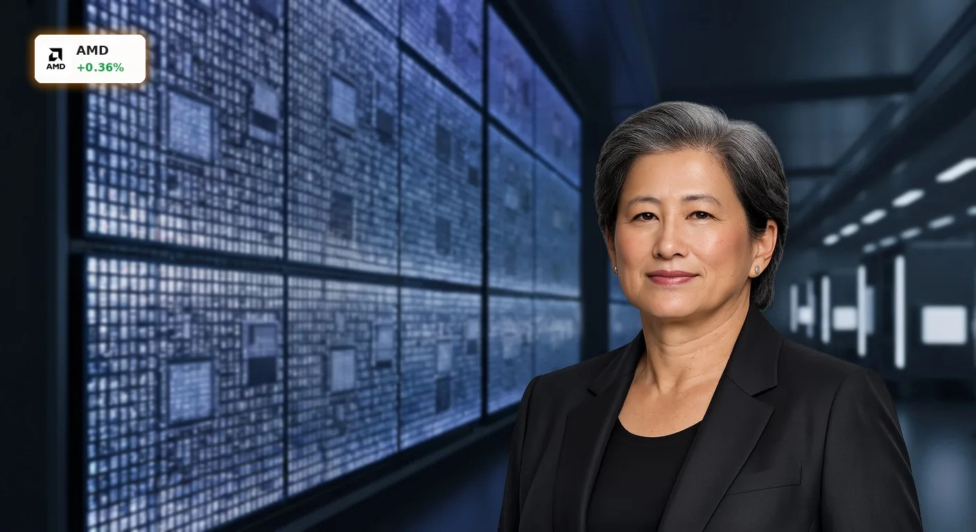 Nahaufnahme eines modernen AMD KI-Prozessors mit leuchtenden Schaltkreisen, symbolisiert die AMD Anleihe für technologische Expansion.