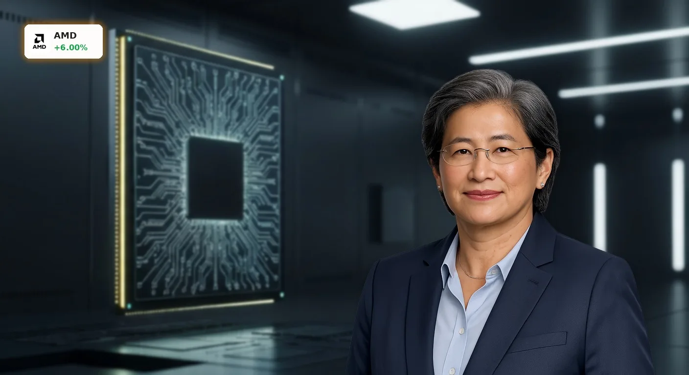 Nahaufnahme eines hochmodernen AMD KI-Prozessorchips mit leuchtenden Schaltkreisen, symbolisiert die AMD KI Strategie.