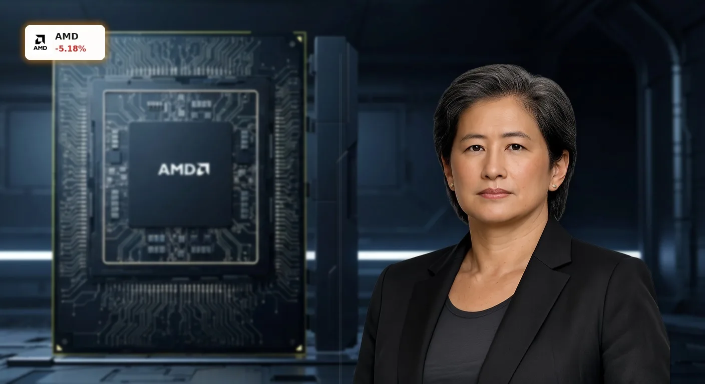 AMD KI: -5% Schock nach Zinsanstieg – Bremst das die Tech-Rallye? 3 Nahaufnahme eines fortschrittlichen AMD KI-Prozessorchips mit leuchtenden Schaltkreisen in dunkler Umgebung.