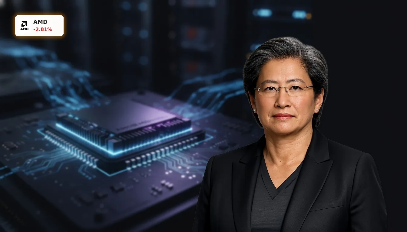 Nahaufnahme eines futuristischen AMD KI-Beschleuniger-Chips mit leuchtenden Schaltkreisen, der das immense Potenzial der AMD Analysten-Einschätzungen widerspiegelt.