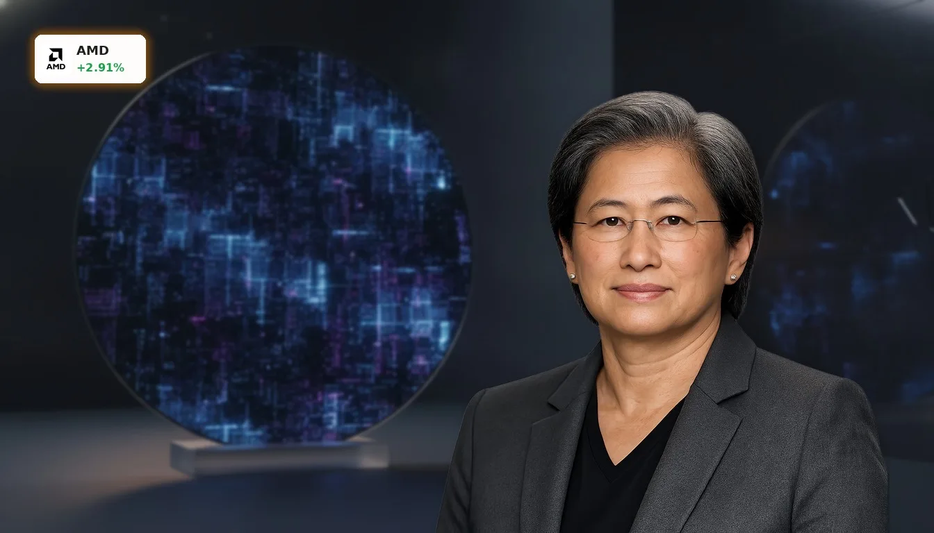 Nahaufnahme eines futuristischen, leuchtenden Silizium-Wafers, der AMDs fortschrittliche Prozessoren und das AMD Analysten Upgrade symbolisiert.