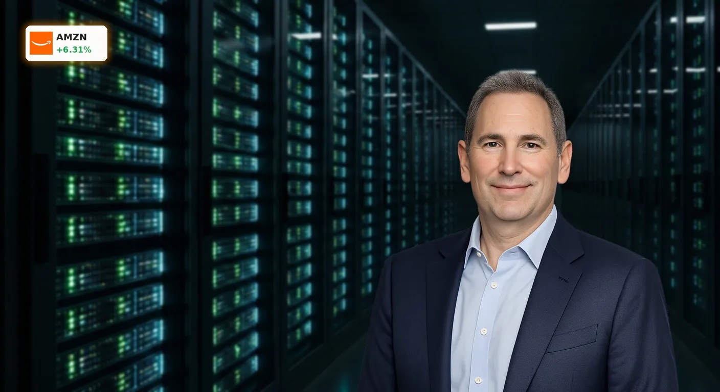 Modernes Rechenzentrum mit leuchtenden Server-Racks, symbolisiert das starke Wachstum der Amazon Quartalszahlen durch AWS.