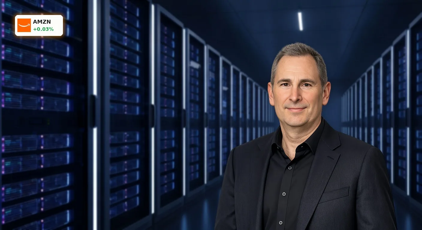 Futuristisches Rechenzentrum mit leuchtenden Server-Racks, symbolisiert den KI-Boom und das Amazon Quartal.
