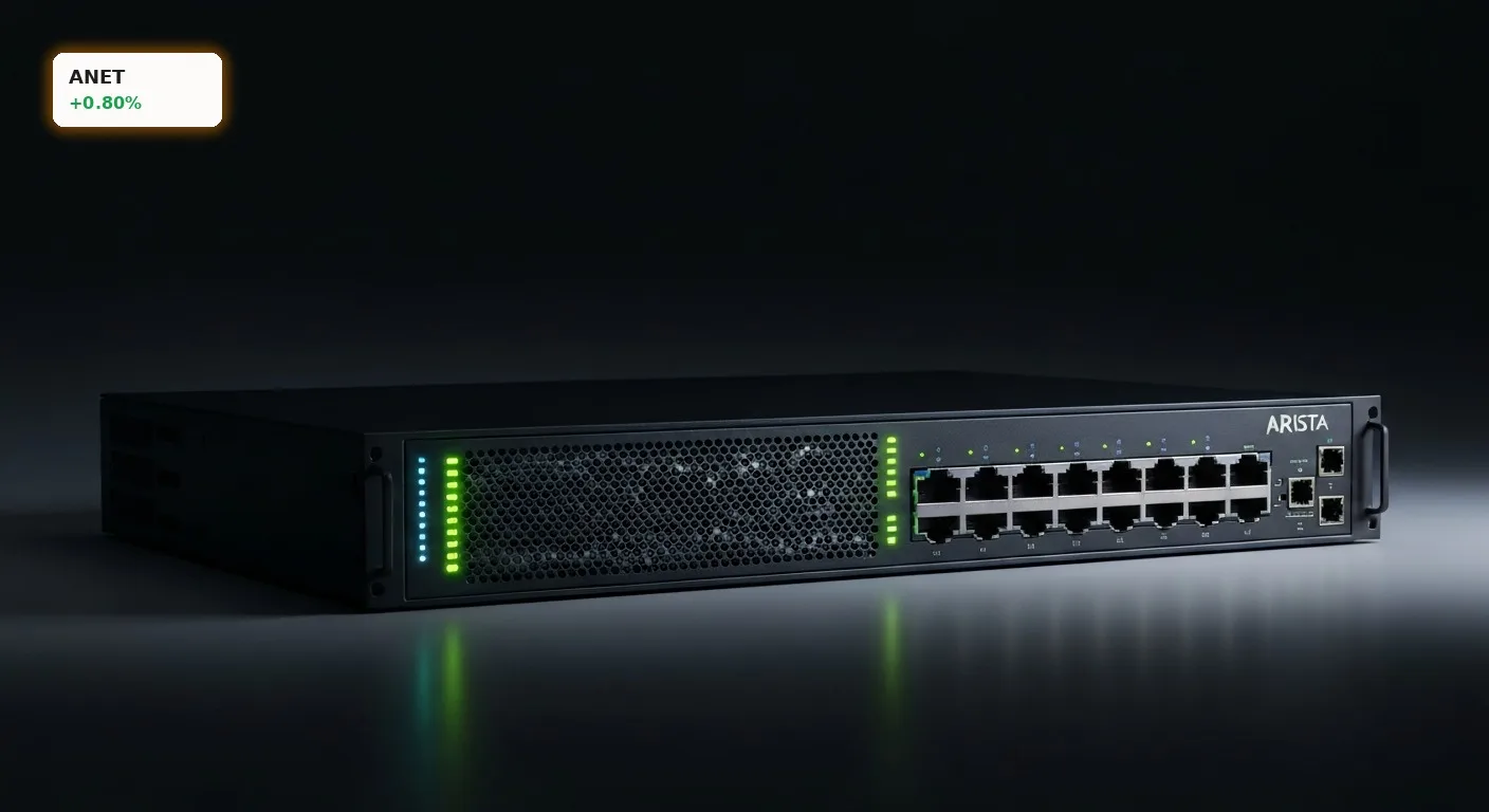 Arista Networks Quartalszahlen: Hochleistungs-Netzwerkswitch in einem dunklen, futuristischen Rechenzentrumsumfeld.